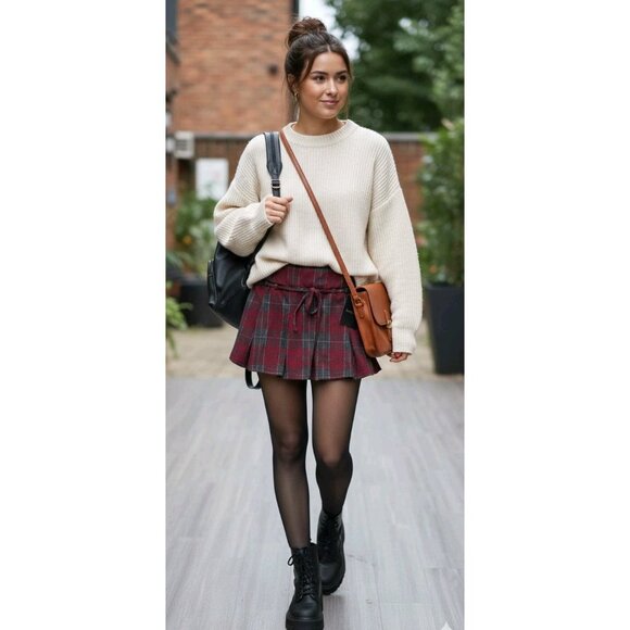 Red Plaid Mini Skort High Waist Pleated Built In Shorts Womens L - Picture 10 of 10